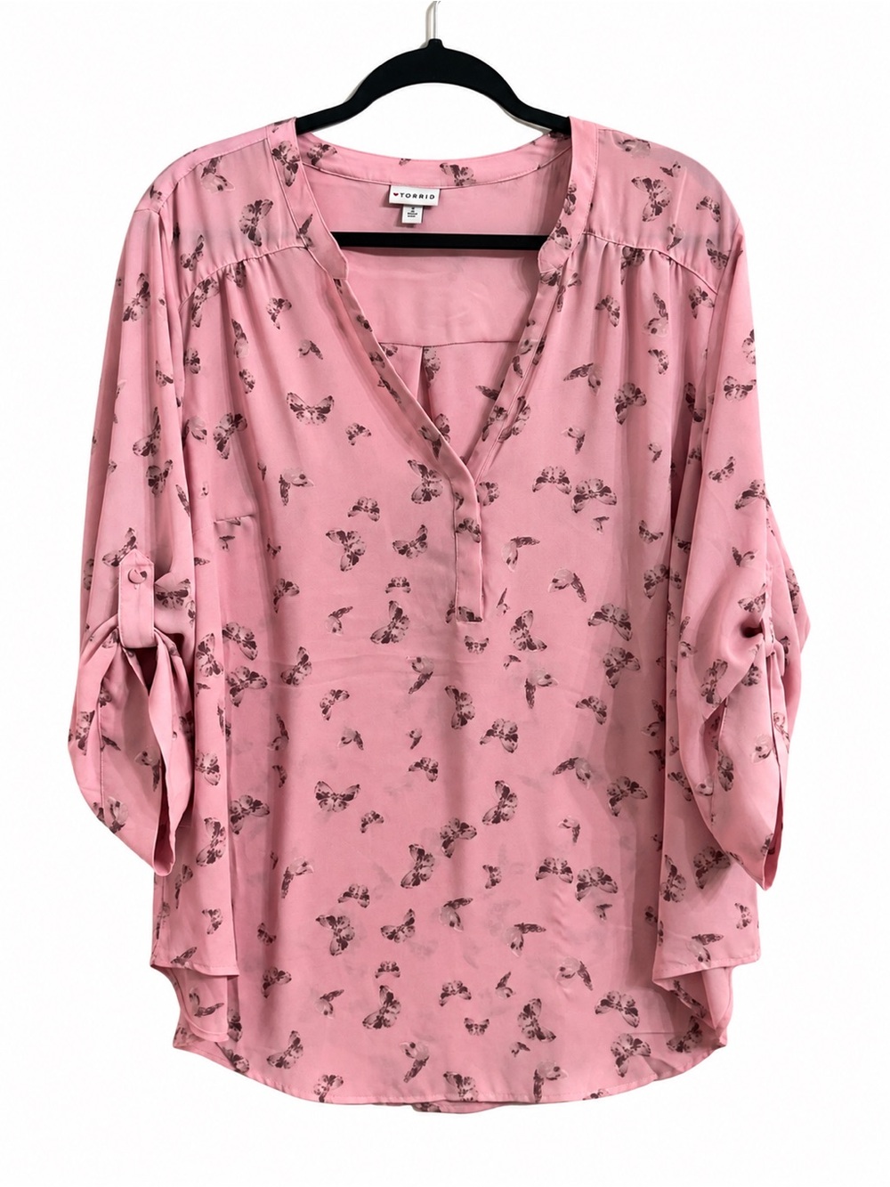 Torrid Pink Butterfly Print Roll Tab Sleeve Tunic Blouse Boho Romantic Size 2